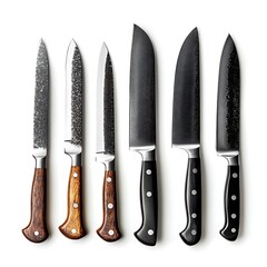 Collection of six rustic handmade kitchen knives with textured blades and wooden handles