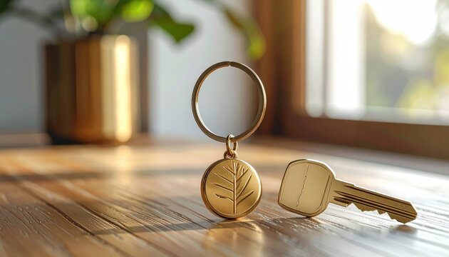 Golden keys and keychain with a subtle design sit on a wooden surface, illuminated by natural light.