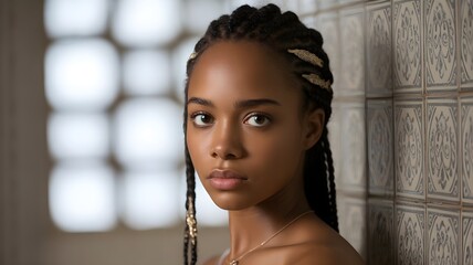 Elegant Young Black Woman with Gold Cornrows and Necklace in Tiled Alcove