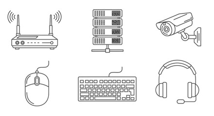 Line art icons of various technology devices including a wireless router, server rack, security monitor, computer mouse, keyboard, and headset.