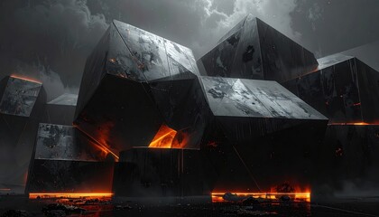 Massive, dark, geometric structures are illuminated by fiery orange light in a dramatic, mysterious scene.