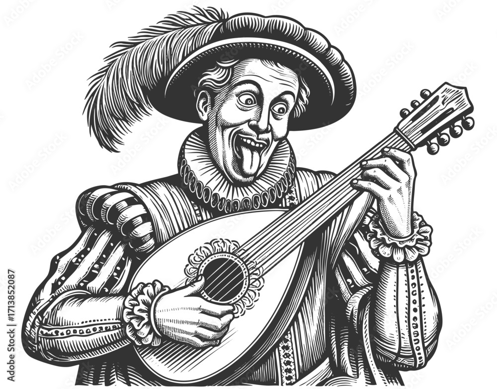 Aufkleber man in historical costume playing a lute with exaggerated funny expression and tongue out sketch eng
