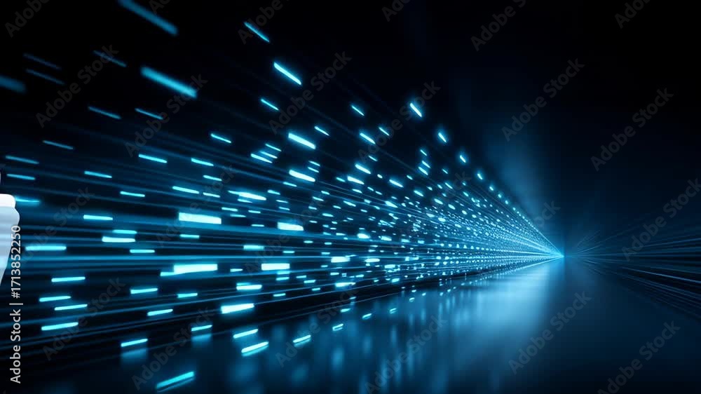 Poster blue light streak tunnel of glowing data motion blur reflection over reflective floor with streaming