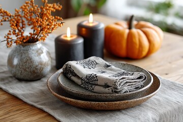 Autumn table setting with spiderweb napkins, black candles, pumpkin, and rustic decor