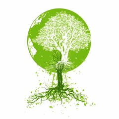 An artistic representation of a tree emerging from a green globe, symbolizing growth and environmental sustainability.