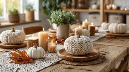 Cozy fall dining table with knitted pumpkins and candlelit decor in rustic setting