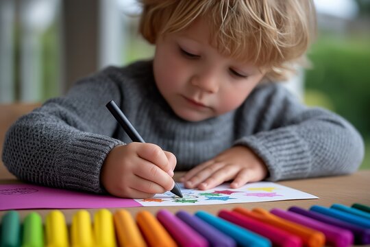Young caucasian child drawing with colorful crayons in a cozy indoor setting