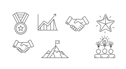 Eight line icons depicting business success, teamwork, and achievement.