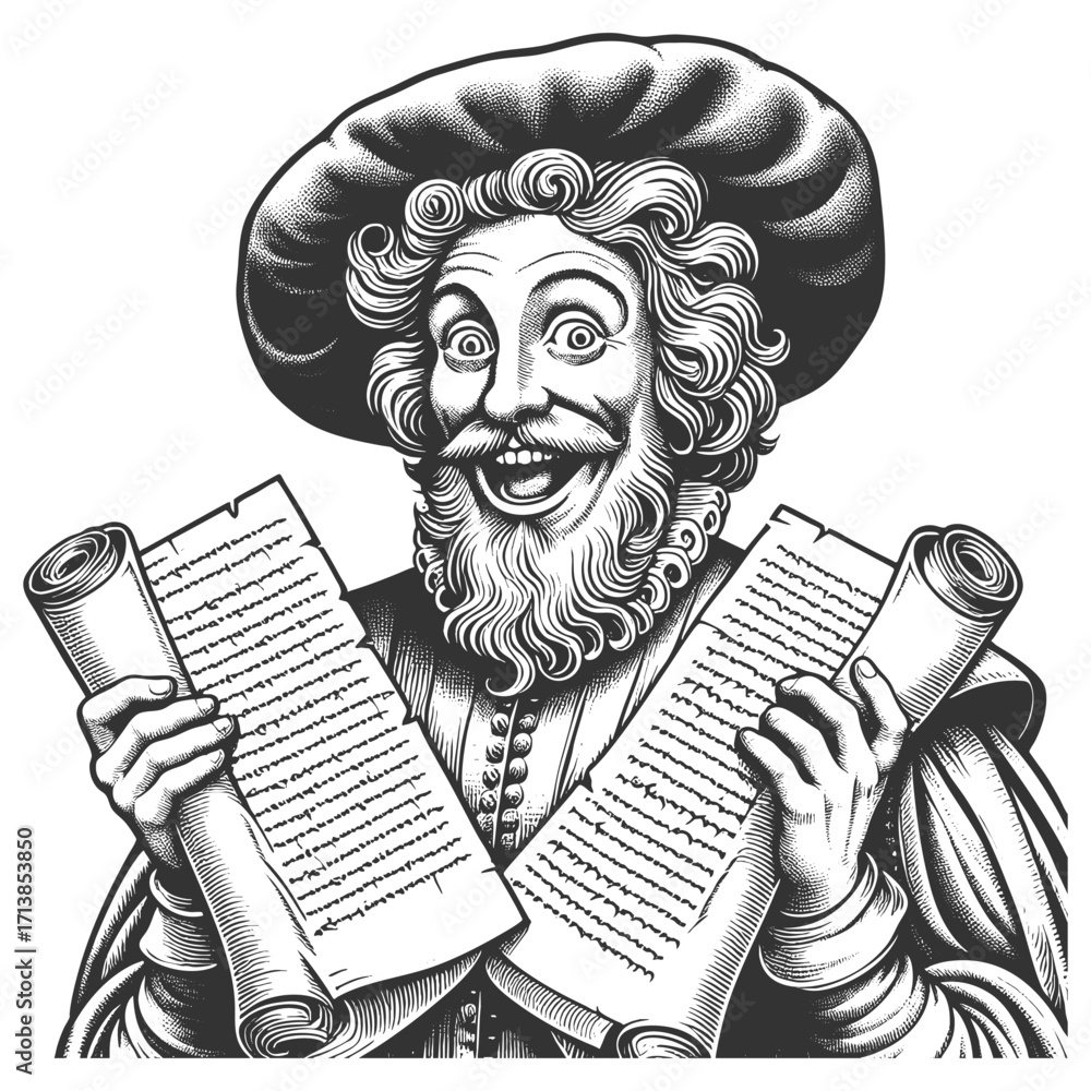 Aufkleber smiling scholar in historical clothing holding two scrolls with exaggerated expression sketch engrav