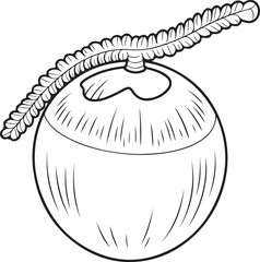 Tropical Coconut Fruit with Leaf Stem Line Art