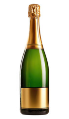Champagne bottle with green glass and golden foil wrapper and label, isolated on transparent background