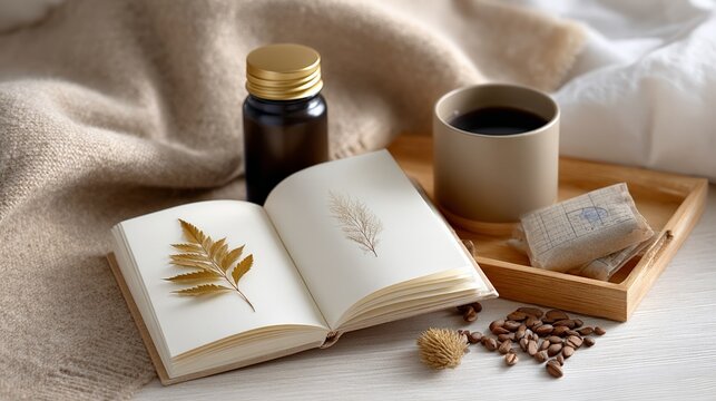 Cozy morning scene with open book, coffee, leaves, and warm blanket - Powered by Adobe
