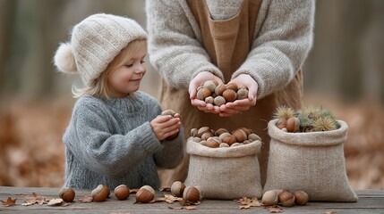 Caucasian female child collecting acorns in autumn woodland scene