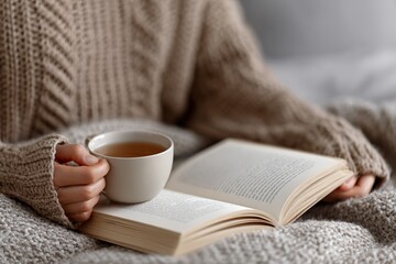 Cozy reading moment with tea and wool blanket in relaxed atmosphere