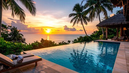 Luxury pool overlooking ocean at sunset, palm trees framing the view, a tranquil tropical escape
