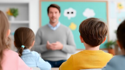 Male teacher engaging young students in classroom setting