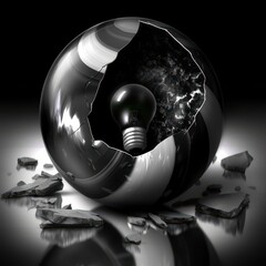 A striking black and gray sphere cracked open, revealing a glowing light bulb inside against a dark backdrop.