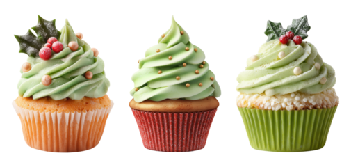 Festive Christmas cupcakes decorated with swirled green frosting isolated on transparent background