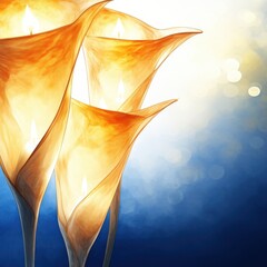 Elegant orange calla lily lamps radiate warm light against a dreamy blue backdrop, creating a serene ambiance.