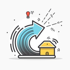 Illustration of a yellow house with an upward arrow symbolizing growth and innovation.