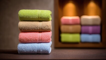 Stack of colorful towels on a wooden surface.  Soft-focus background shows more towels