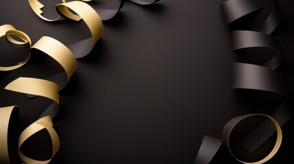 Elegant black and gold ribbons create a luxurious and festive frame on a dark background.
