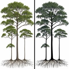 Two stylized illustrations of pine trees showcasing vibrant green and deep black versions, highlighting their structure.