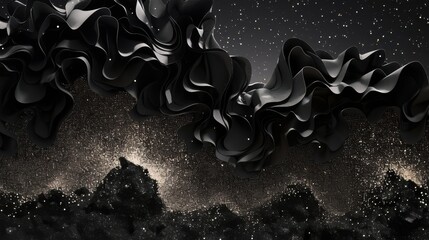 An abstract composition featuring flowing black fabric against a starry background, conveying depth and elegance.