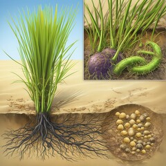 Illustration of a green grass plant with roots, showcasing soil interactions and nutrient dynamics.
