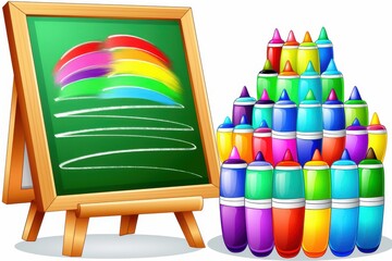A colorful scene featuring a chalkboard with rainbow drawings and a vibrant stack of crayons in various shades.
