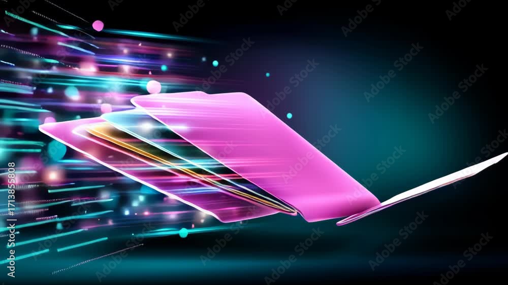Poster vibrant magenta neon folder with glowing data streams and colorful digital file transfer, energetic 