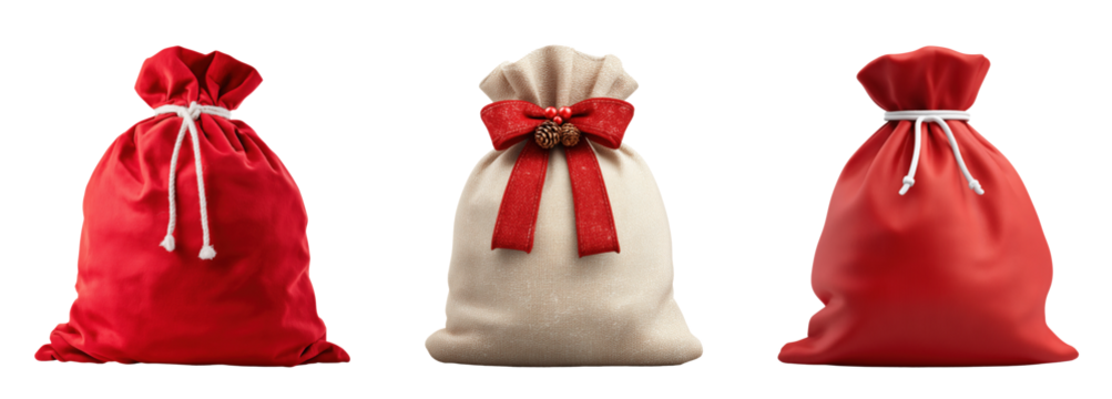 Set of traditional red and beige Santa Claus gift bags tied with ribbons, isolated on transparent background