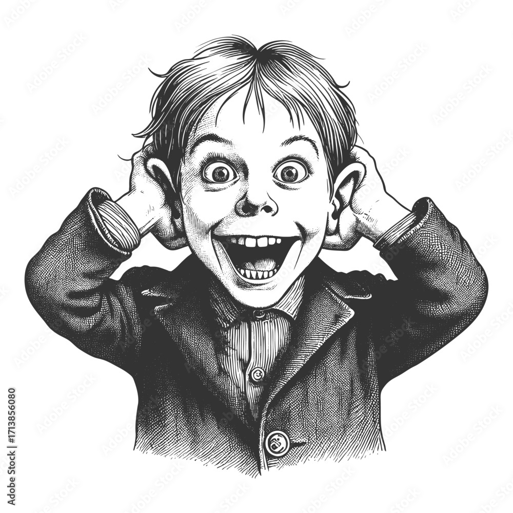 Aufkleber cheerful boy in a jacket, pulling his ears with a wide playful grin sketch engraving generative ai f