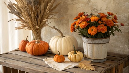 Autumn harvest arrangement with pumpkins and mums on a table