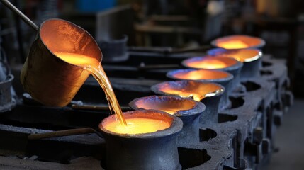 A series of metal pots are filled with molten metal