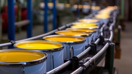 A row of yellow paint cans on a conveyor belt