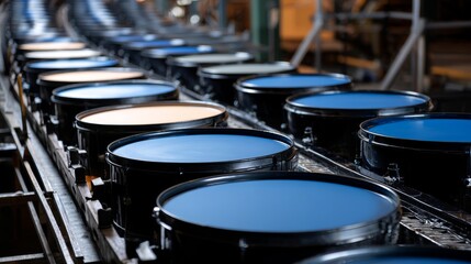 A row of blue containers are lined up on a conveyor belt