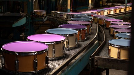 A conveyor belt with many drums on it