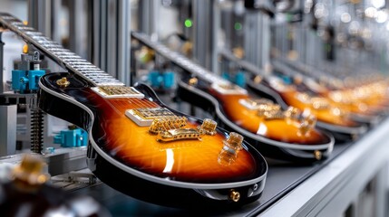 A row of guitars are on a conveyor belt, with one of them being a black