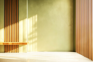 Bright, minimalist interior with natural light streaming in, wooden accents, spacious atmosphere perfect for creativity.