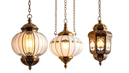 Three hanging lanterns, light-toned glass, ornate metal