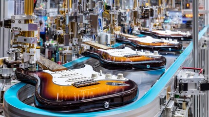 Three guitars are being made on a conveyor belt