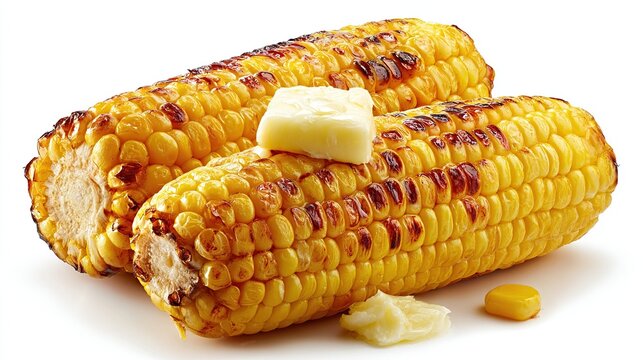 Grilled corn on the cob with melted butter, studio shot on white background