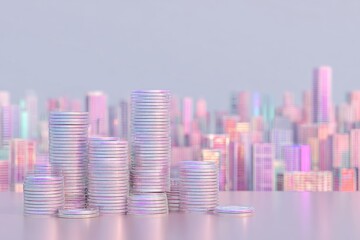 Stacks of iridescent coins against a pastel city skyline