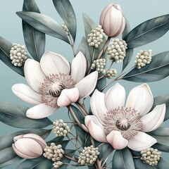 Elegant white flowers and lush green leaves create a serene botanical illustration with soft pastel tones.