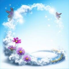 A serene and whimsical scene featuring delicate butterflies and vibrant pink flowers against a dreamy blue sky.