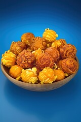 A vibrant bowl filled with colorful popcorn balls, showcasing various textures and shades of yellow and orange.
