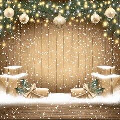 A festive holiday scene with golden ornaments, snowy presents, and twinkling lights, perfect for Christmas celebrations.