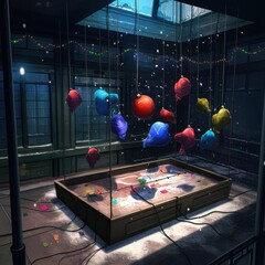 Colorful balloons suspended in a dimly lit room, creating a whimsical and festive atmosphere with a touch of winter charm.