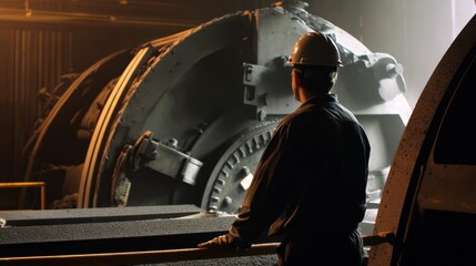 A man in a hard hat stands in front of a large machine